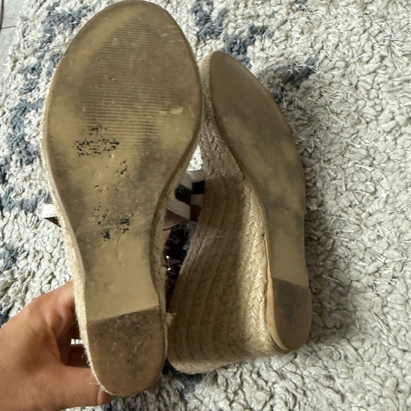 Weekend MaxMara Striped Black White Canvas Leather Espadrille Wedge Sandals 37 - Picture 4 of 8
